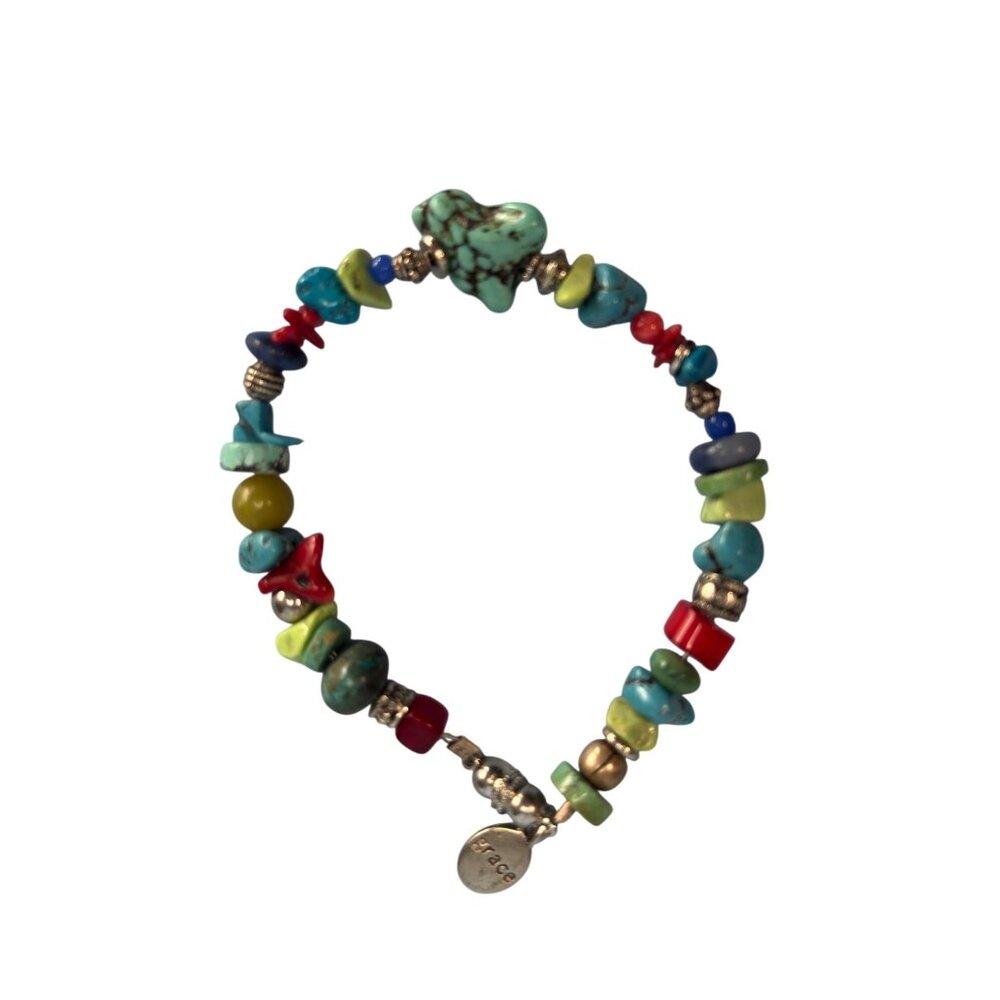 Bohemian Bracelet Mixed Colorful Stones Turquoise Grace Charm Silver Accents 8" - Picture 2 of 7